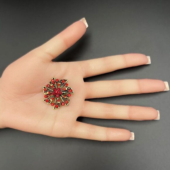 Yellow Gold with Ruby Red and Garnet Red Crystal Pinwheel Flower Pin Back Brooch - Picture 7 of 7